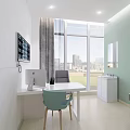 Modern Office Interior Design With White Desk Blue Chair And City View