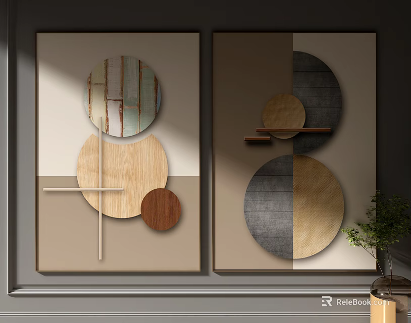 Modern Abstract Wall Art With Geometric Circles And Wooden Textured Elements 3d model
