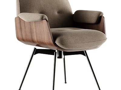 Modern Beige Upholstered Accent Chair With Walnut Wooden Armrests And Black Metal Legs 3d model