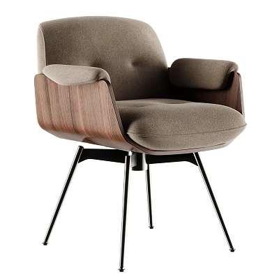 Modern Beige Upholstered Accent Chair With Walnut Wooden Armrests And Black Metal Legs 3d model