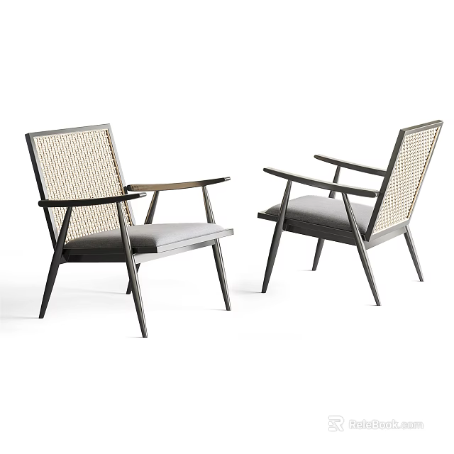 Modern Leisure Chairs Featuring Woven Backrest Curved Armrests And Gray Upholstered Seats 3d model 