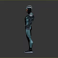 Futuristic Superhero Character In Black Teal Bodysuit With Helmet And Standing Pose