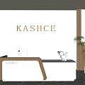 Modern Reception Desk with KASHCE Logo White Computer Decorative Figurine and Green Plant