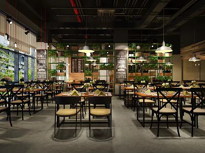 Modern Restaurant Interior With Green Plant Wall Hanging Pendant Lights And Dining Tables 3d model