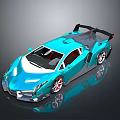 Blue Sports Car With Sleek Design Rear Wing Red Wheels And Black Windows