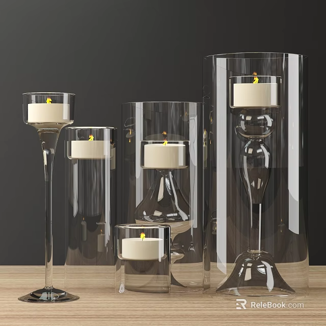 Transparent Glass Candle Lamps With Lit Candles And Various Designs For Home Decor 3d model 