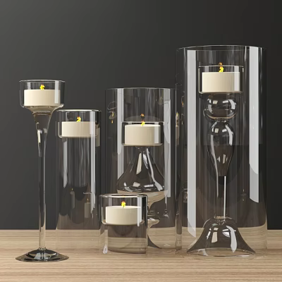 Transparent Glass Candle Lamps With Lit Candles And Various Designs For Home Decor 3d model
