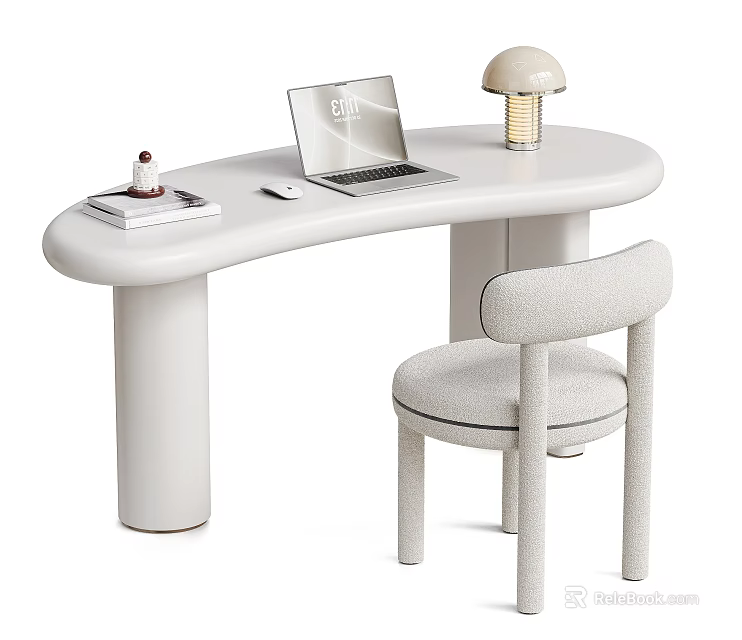 Minimalist Cream White Curved Desk And Soft Fabric Chair Combination For Cozy Home Study Space 3d model 