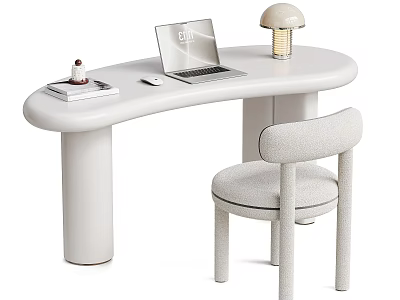 Minimalist Cream White Curved Desk And Soft Fabric Chair Combination For Cozy Home Study Space 3d model