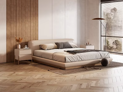 Modern Double Bed In Neutral Tones With Wooden Accent Wall Nightstands Pillows And Herringbone Floor 3d model