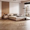 Modern Double Bed In Neutral Tones With Wooden Accent Wall Nightstands Pillows And Herringbone Floor