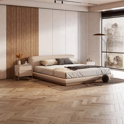 Modern Double Bed In Neutral Tones With Wooden Accent Wall Nightstands Pillows And Herringbone Floor 3d model
