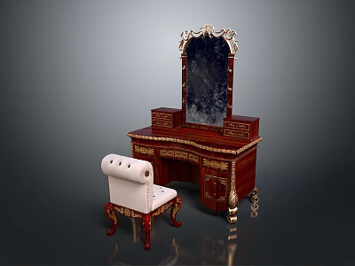 Classic Mahogany Desk With Ornate Mirror Gold Accents And White Upholstered Chair 3d model