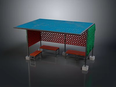 Modern Bus Stop With Blue Roof Red Perforated Fence Green Side Panel And Benches 3d model