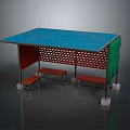 Modern Bus Stop With Blue Roof Red Perforated Fence Green Side Panel And Benches