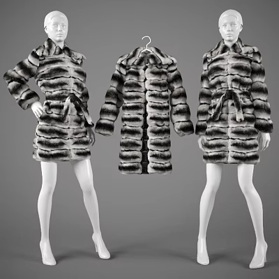 Fashion Mannequins Displaying Striped Fur Coats With Belted Design In Studio 3d model