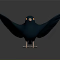 Cartoon Dark Blue Bird with Spread Wings Yellow Eyes Orange Beak Pink Claws Grey Background
