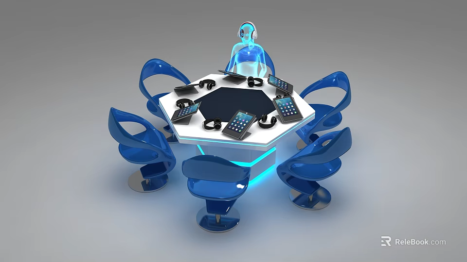Circular Black Conference Table With Blue Chairs Tablets Blue Lighting And Holographic Figure 3d model 