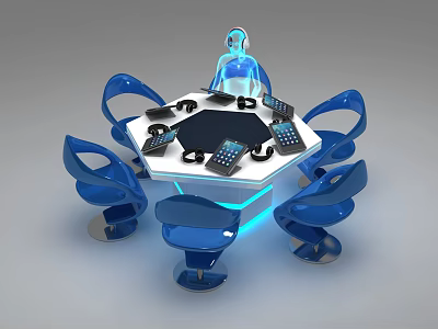 Circular Black Conference Table With Blue Chairs Tablets Blue Lighting And Holographic Figure 3d model
