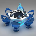 Circular Black Conference Table With Blue Chairs Tablets Blue Lighting And Holographic Figure