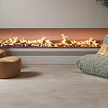 Tan Single Sofa With Ottoman And Mint Green Single Sofa Beside Modern Fireplace With Flames