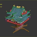 Traditional Multi Tiered Building With Blue Tiled Roof Golden Ornaments And Tree Root Support Base