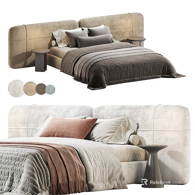 Double Bed Interior Design With Upholstered Headboard Soft Pillows and Bedside Tables 3d model 