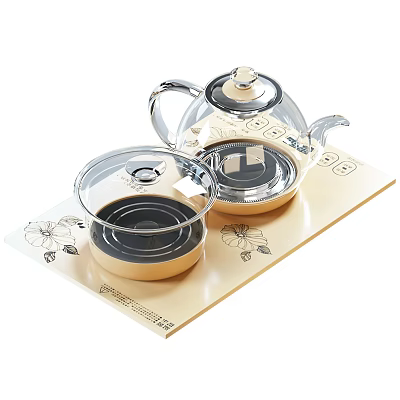 Glass Tea Set with Transparent Teapot and Electric Heating Plate Featuring Floral Patterns 3d model