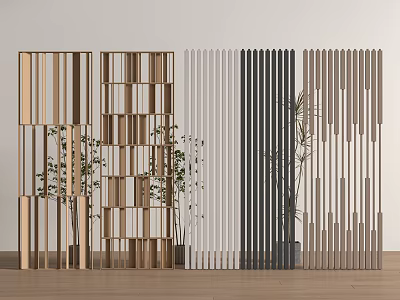 Modern Wooden Room Dividers With Slatted Grid Design And Decorative Plants 3d model