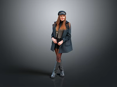 Fashionable Women's Daily Outfit With Black Coat Skirt Boots And Hat 3d model