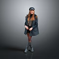 Fashionable Women's Daily Outfit With Black Coat Skirt Boots And Hat
