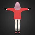 3D Anime Character With Pink Hair Red Hoodie Plaid Skirt Arms Outstretched On Black Background