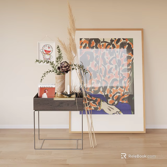 Stylish Wooden Side Table with Metal Legs and Decorative Plants Near Leopard Print Framed Art 3d model 