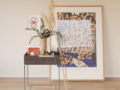 Stylish Wooden Side Table with Metal Legs and Decorative Plants Near Leopard Print Framed Art 3d model