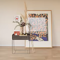 Stylish Wooden Side Table with Metal Legs and Decorative Plants Near Leopard Print Framed Art