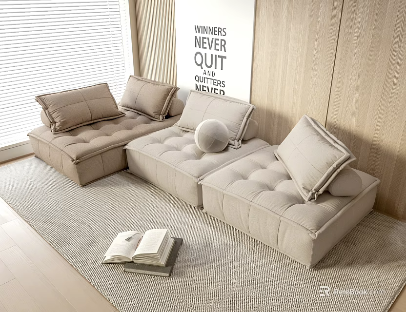 Beige L shaped Sectional Sofa with Plush Cushions in Modern Room with Blinds and Rug 3d model 