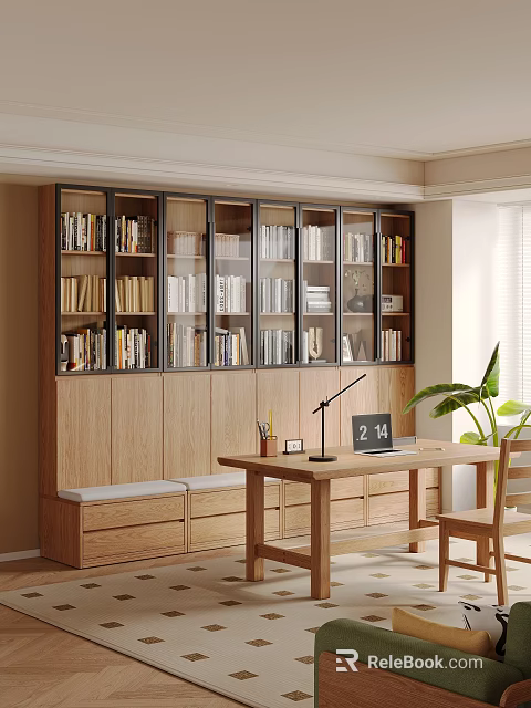 Wooden Bookcase With Shelves Books Decor Items Desk Chair Bench And Plant For Home Office 3d model 