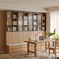 Wooden Bookcase With Shelves Books Decor Items Desk Chair Bench And Plant For Home Office