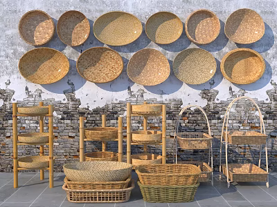 Woven Wall Plates and Storage Baskets with Wooden Racks on Gray Floor 3d model