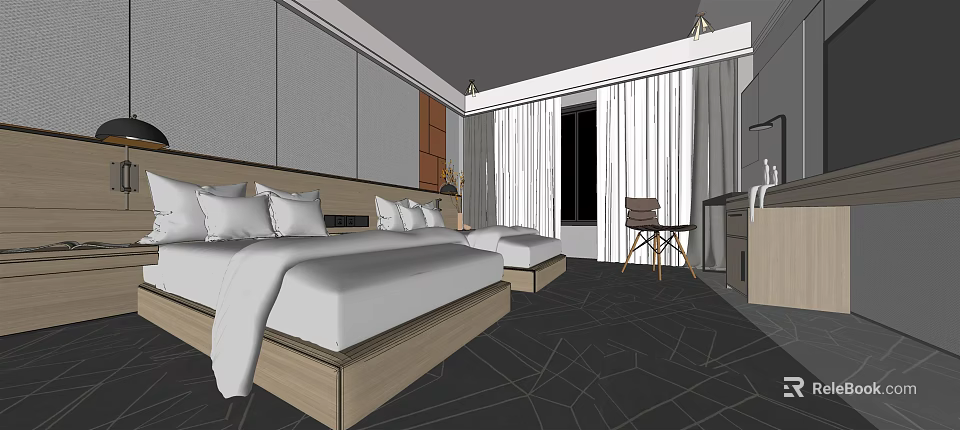 Hotel Guest Room Interior With Two Beds Window Curtains Carpet And Modern Furniture 3d model 