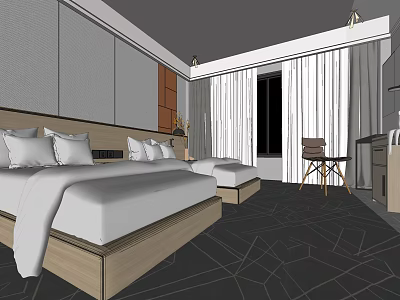 Hotel Guest Room Interior With Two Beds Window Curtains Carpet And Modern Furniture 3d model