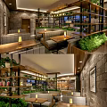 Modern Bar Interior Design with Large Windows Green View Wooden Furniture Potted Plants Cozy Seating