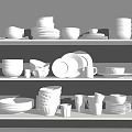 White Dinnerware Set With Plates Bowls Cups Neatly Arranged On Shelves