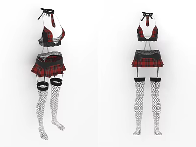 Stylish Women's Halter Top Plaid Skirt And Fishnet Stockings Outfit 3d model