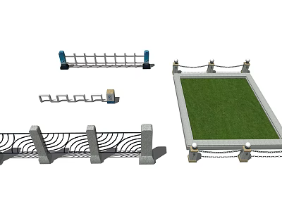 Various Fence Designs With Metal Railings Stone Pillars And Chain Links For Grass Area 3d model