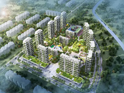 Modern High rise Residential Buildings Surrounded by Lush Greenery and Central Community Garden 3d model