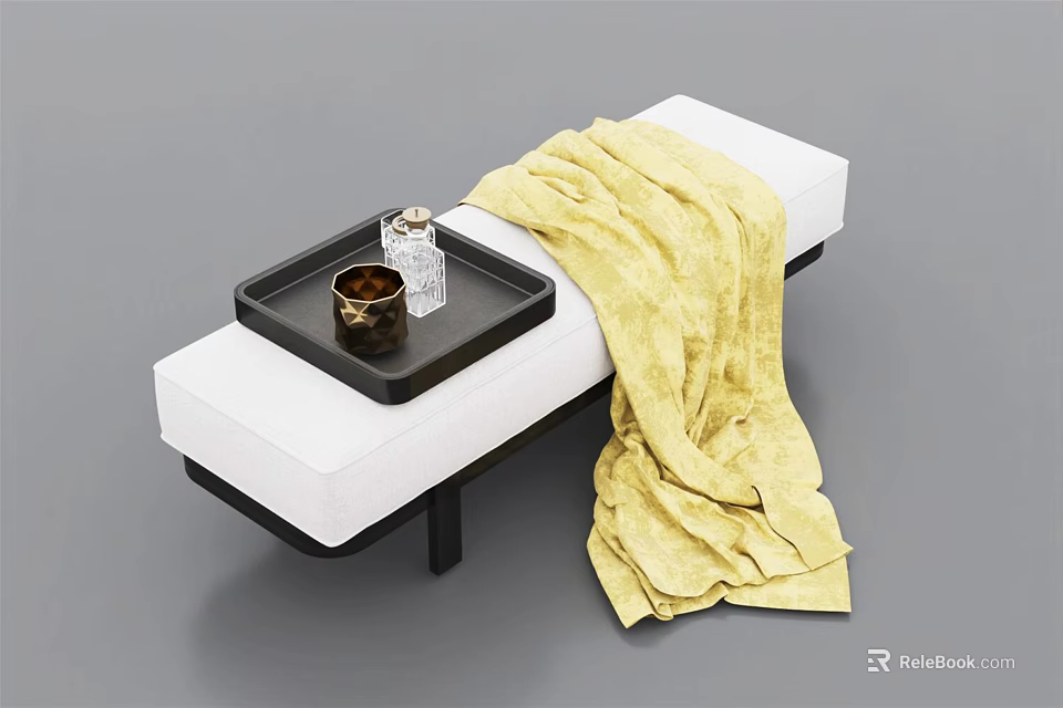 Modern White Footstool With Black Tray Decorative Items And Yellow Blanket On Black Legs 3d model 