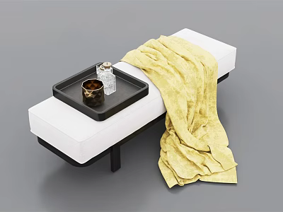 Modern White Footstool With Black Tray Decorative Items And Yellow Blanket On Black Legs 3d model