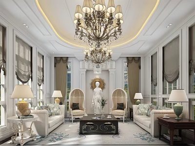 Classic Living Room Interior With Ornate Chandelier Large Windows Sofas Armchairs And Coffee Table 3d model
