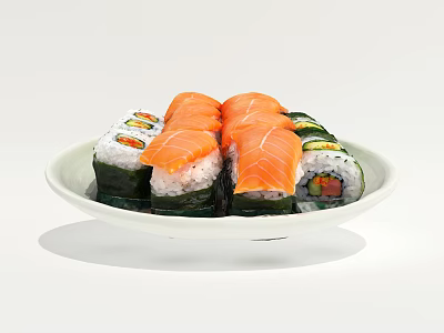 Delicious Sushi Rolls With Salmon Slices And Vegetables On White Plate 3d model